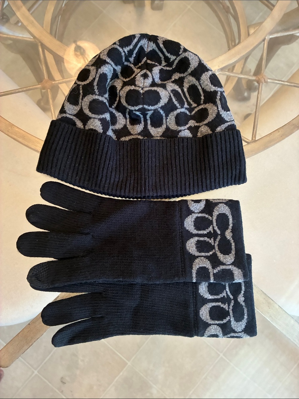 Coach Black and Gray Signature Beanie Hat & Gloves Set